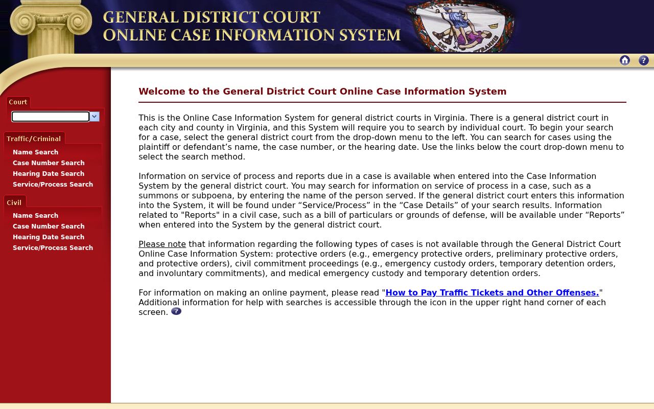 Virginia General District Court search page for selecting Portsmouth and locating case records