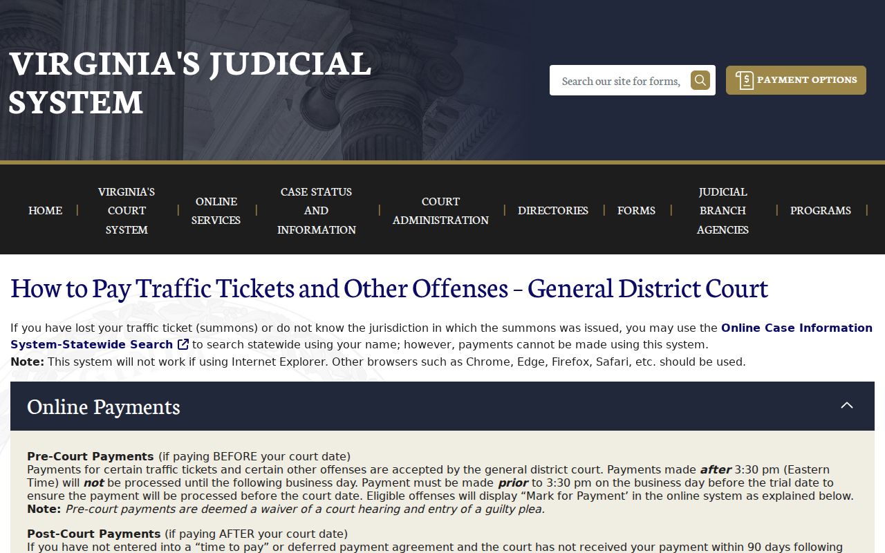 Portsmouth traffic warrant case search and Virginia ticket payment instructions