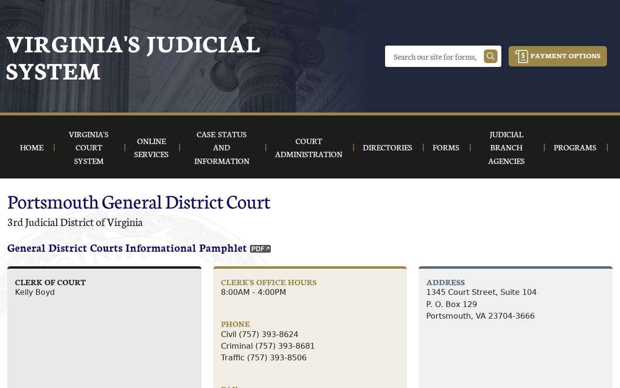 Portsmouth City warrant court route through the General District Court clerk page