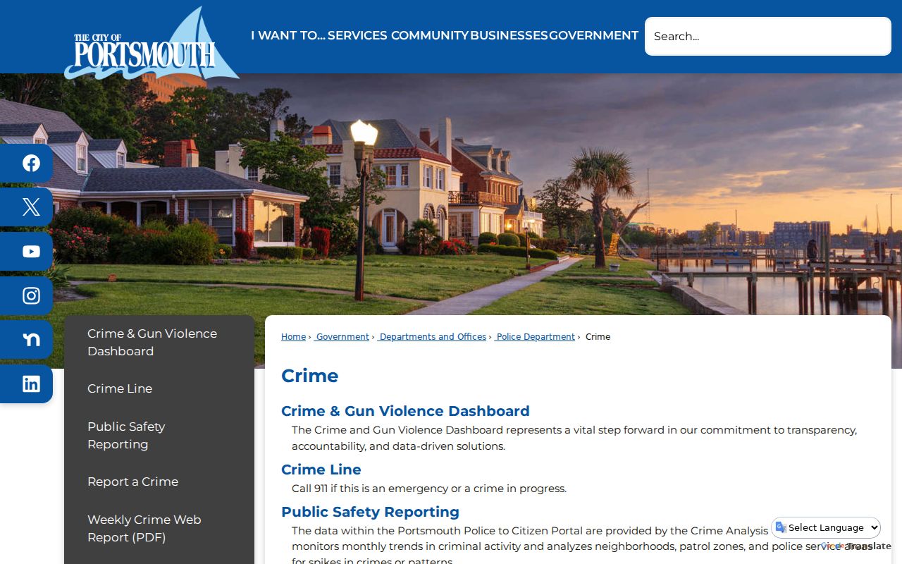 Portsmouth Police Crime page with official tip and wanted-offender resource links