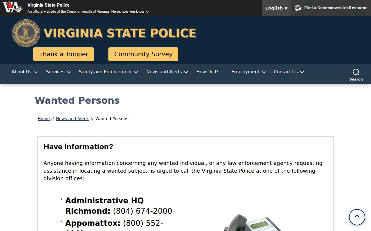 Virginia State Police wanted-person program linked from Portsmouth warrant resources