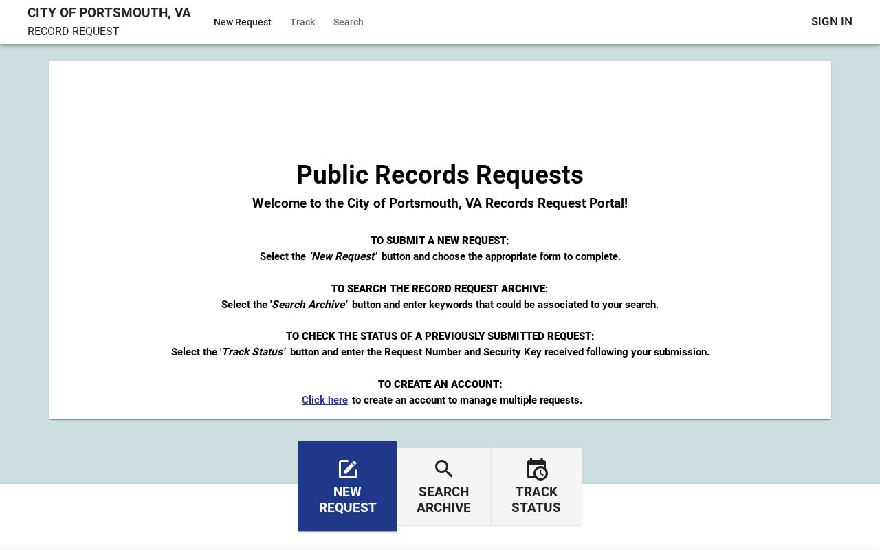 Portsmouth City warrant-record request entry in the JustFOIA portal
