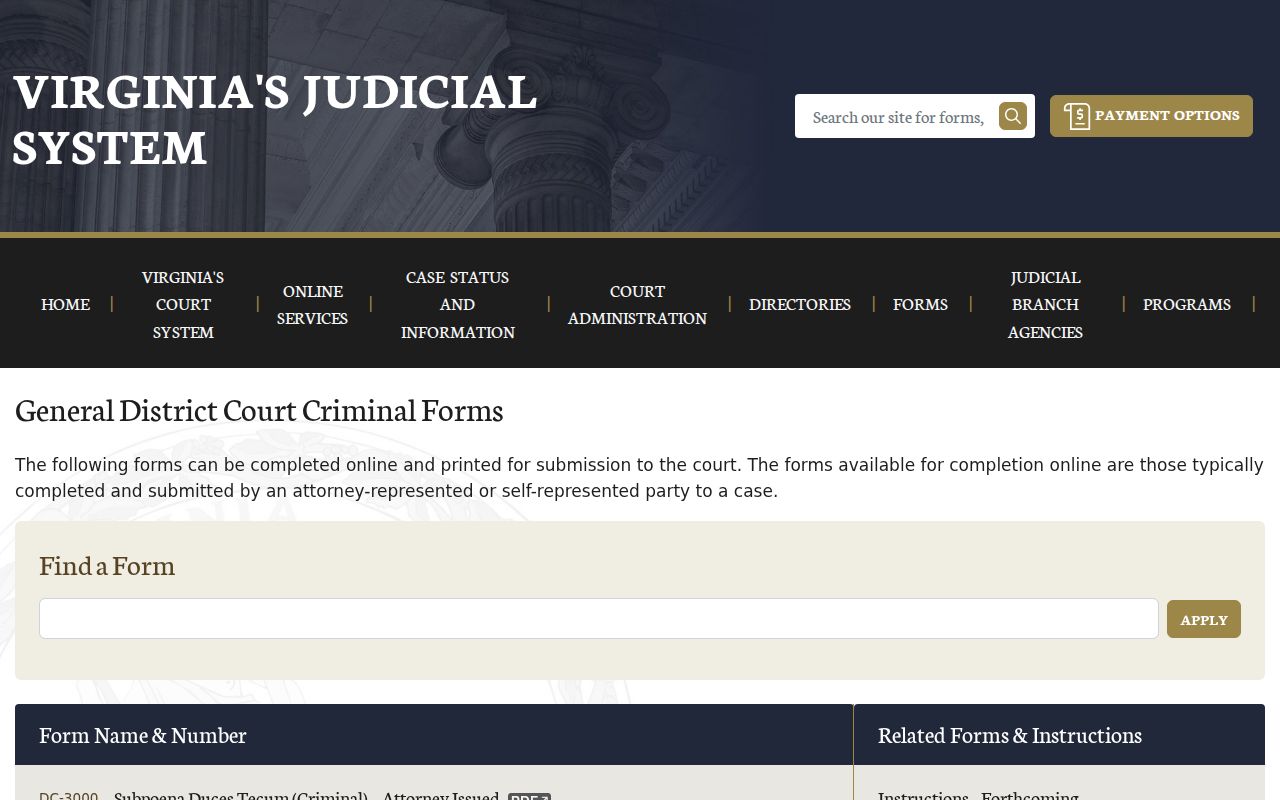 Portsmouth bench warrant court forms and related Virginia case requests