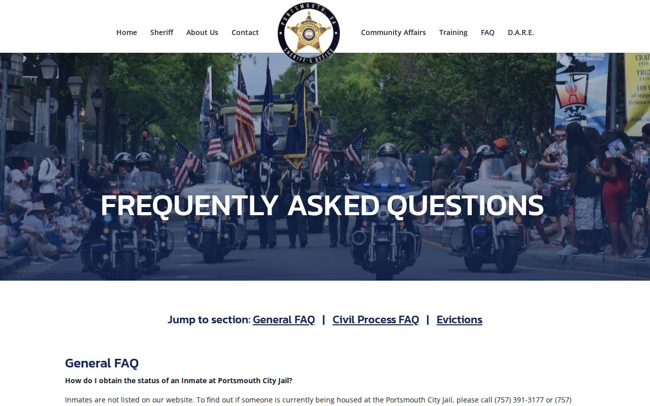 Portsmouth City warrant inquiry rule on the Sheriff's official FAQ